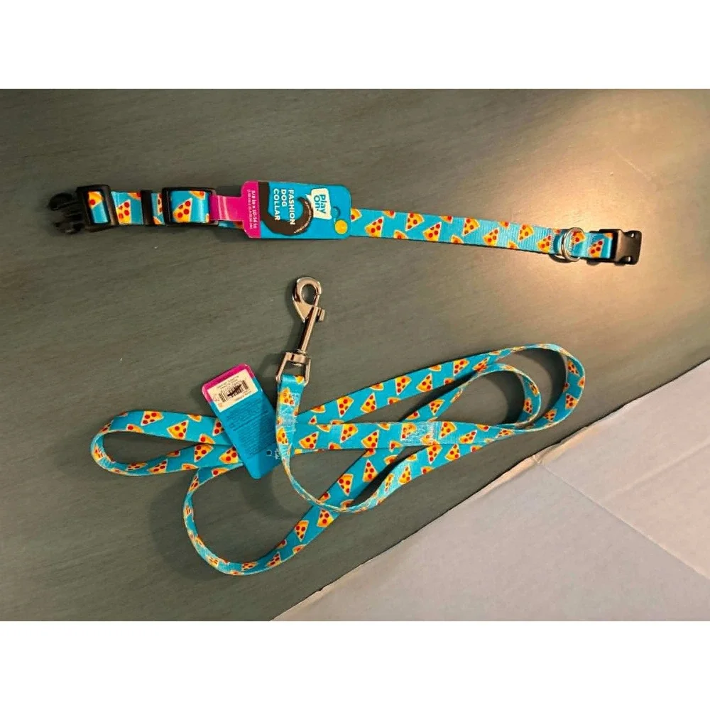 Play On Dog Collar Leash Set Small Blue NWT Pizza Print Accessory